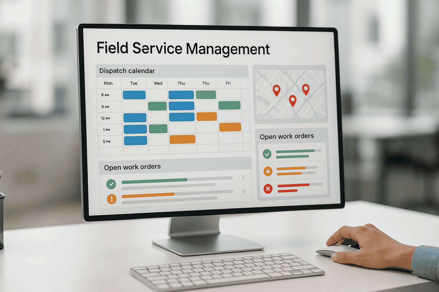 Field Service Management Dashboard mit Einsatzkalender und Kartenansicht auf einem Bildschirm