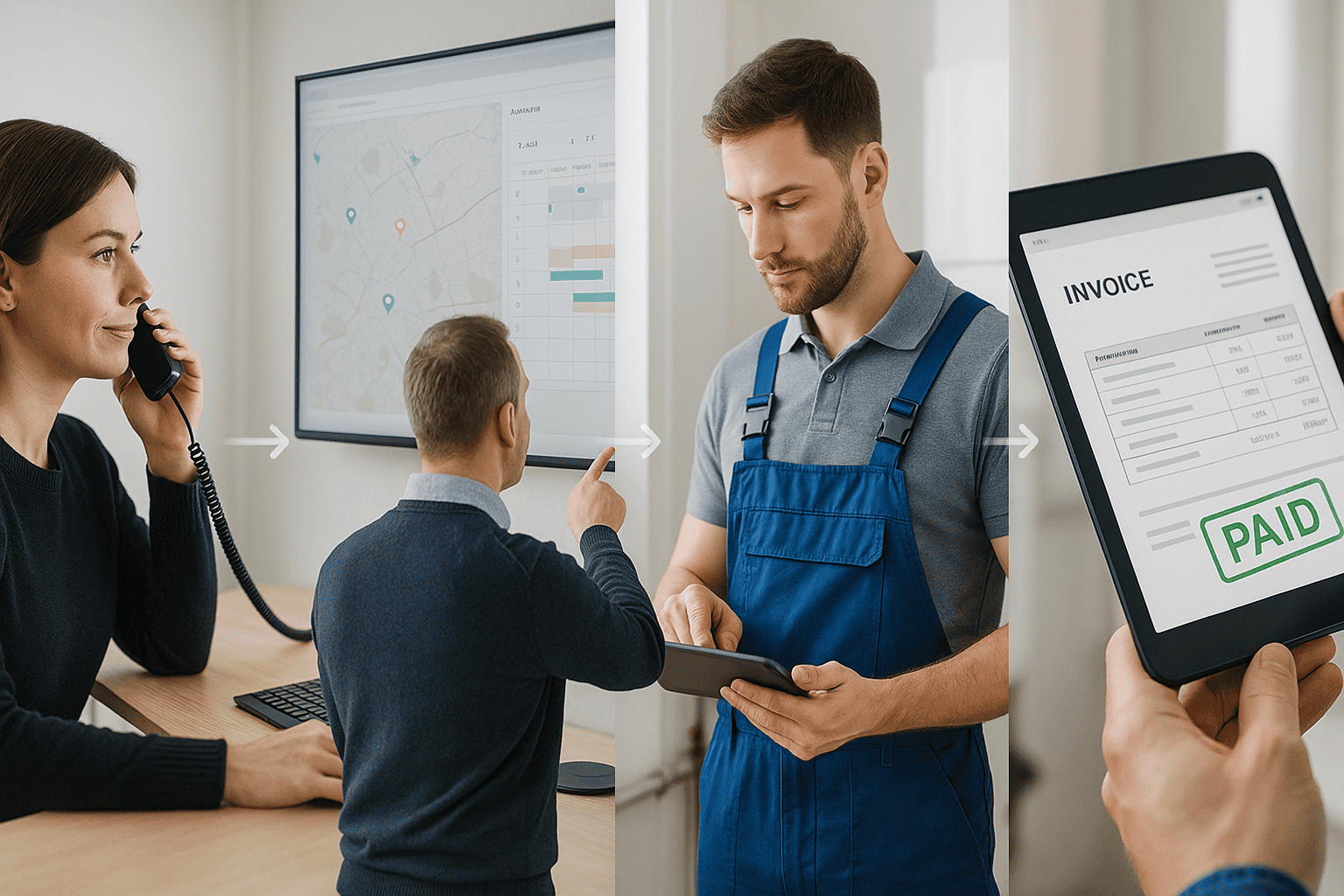 Vier-Stufen-Prozess: Kundenanruf, Disposition, Techniker vor Ort, digitale Rechnung