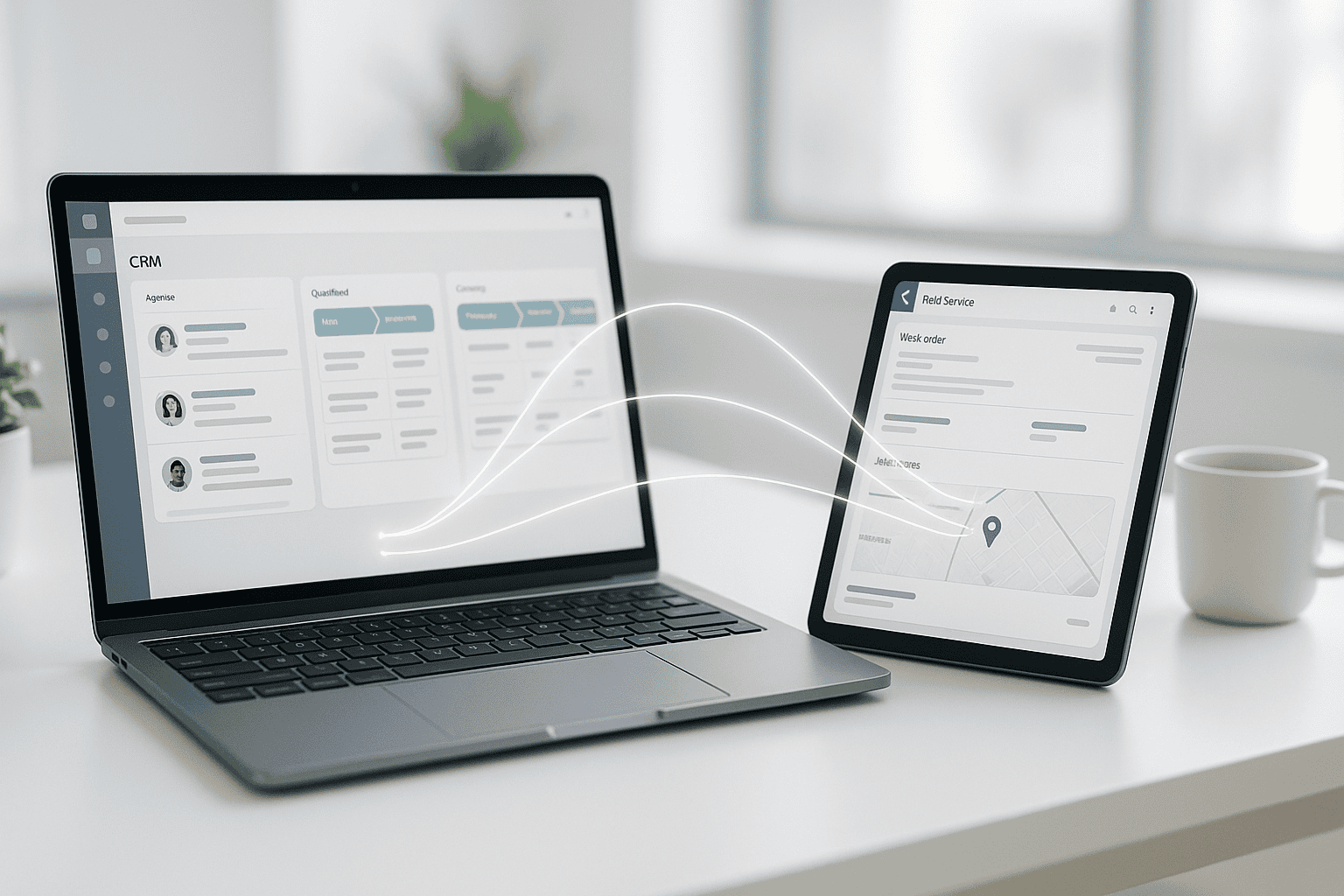 Laptop mit Zoho CRM und Tablet mit Zoho FSM nebeneinander – Datenfluss zwischen den Apps